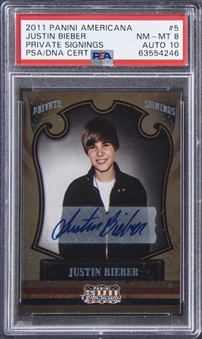 2011 Panini Americana Private Signings #5 Justin Bieber Signed Card (#162/299) - PSA NM-MT 8/PSA 10